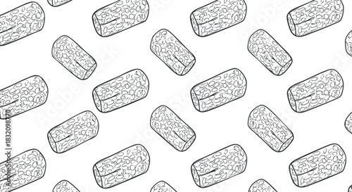 A seamless pattern of cylindrical snack rolls in an outline vector style, perfect for food packaging and culinary designs