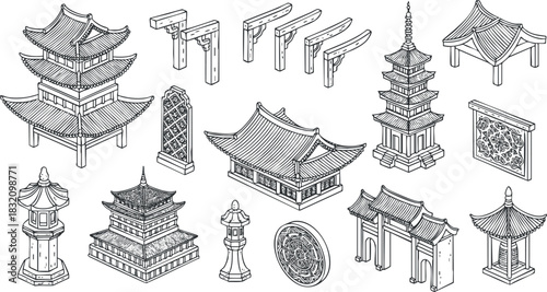 A collection of Asian architectural elements including pagodas, temples, and decorative structures in detailed line art vector style, suitable for cultural design projects