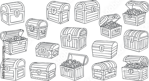 A set of treasure chests in outline vector style, ideal for games and adventure-themed designs