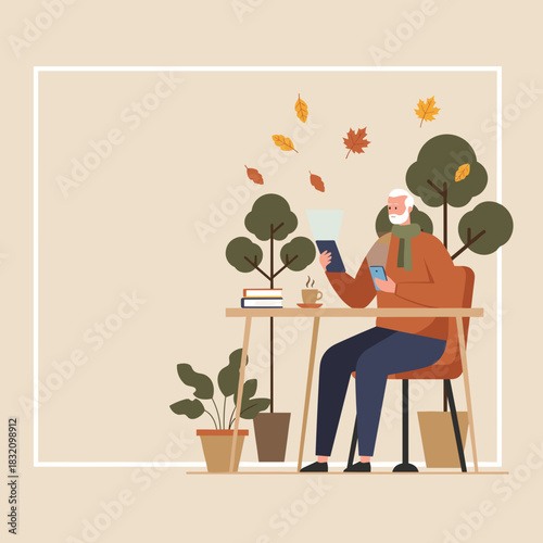 Happy senior man using modern tech tablet smartphone in an autumn outdoor setting