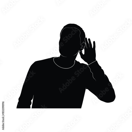 Silhouette of a man cupping his ear to listen intently against a stark white background
