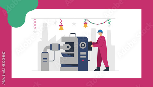 Factory worker operates machinery decorated for Christmas holidays