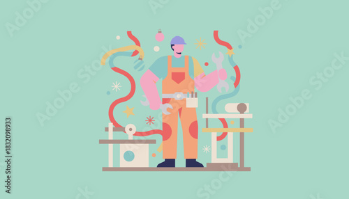 Holiday handyman with wrenches among festive ribbons and Christmas ornaments