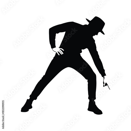 Silhouette of a man in a hat and gloves pointing downwards with a dynamic pose
