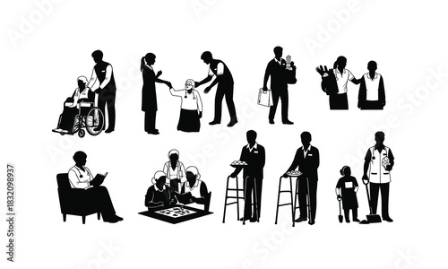 Diverse group of charity workers compassionately assisting elderly individuals in various poses presented as a silhouette isolated on white background