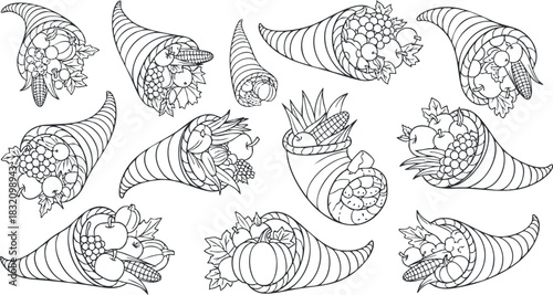 A collection of decorative cornucopias filled with fruits and vegetables in black and white outline vector style, ideal for autumn-themed designs