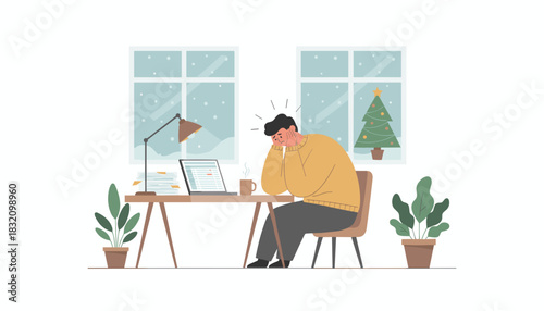 Burnout and stress working remotely during the holiday season Tired man at desk