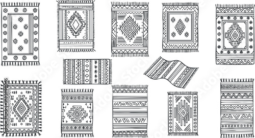 A collection of hand-drawn tribal patterns and geometric designs in black and white vector style, suitable for textile and interior design projects