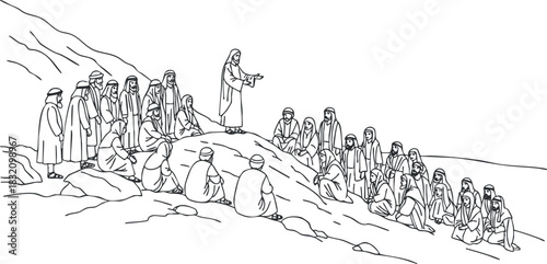 A gathering of people listening to a teacher on a mountainside in detailed line art vector style, suitable for religious or educational themes