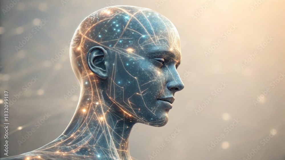 Obraz premium A futuristic humanoid figure with a network of glowing lines and dots, symbolizing artificial intelligence and technology.