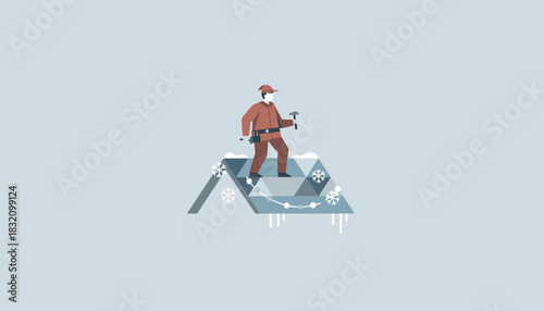 Illustration of a maintenance worker on a snowy roof performing winter repair with tools