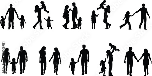 Family interaction silhouettes, diverse groupings, adults and children bonding, caregiving moments, emotional connection, black icons, love and support, flat vector