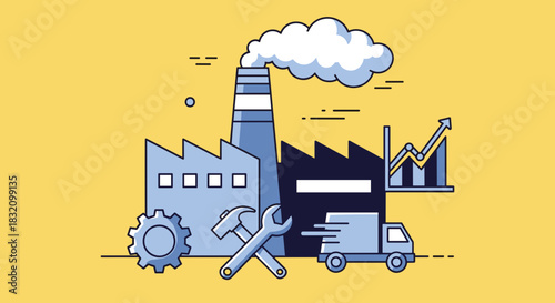 Factory manufacturing operations supply chain tools and financial business growth vector art