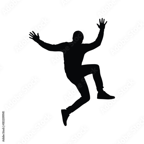 Silhouette of a man in dynamic motion reaching upwards with arms outstretched against a white background