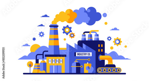 Vector illustration of a modern factory building heavy industrial complex with pollution and machinery