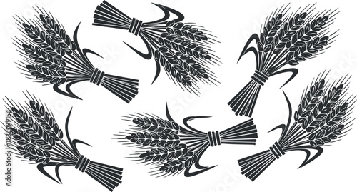A collection of stylized wheat bundles in black and white vector style, ideal for agricultural branding and food packaging