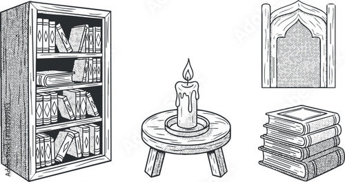 A collection of books, a candle, and a bookshelf in vintage black and white line art style, ideal for home decor and literature themes