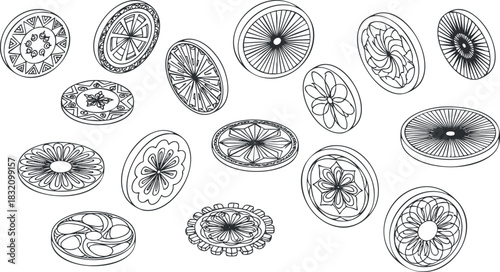 A collection of decorative circular patterns in black and white outline style, suitable for art projects and graphic designs