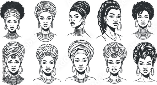 A collection of portraits of women wearing headwraps and jewelry in black and white line art style, ideal for cultural representation and fashion design