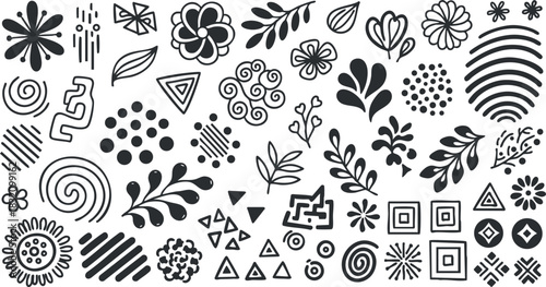 A collection of abstract shapes, floral designs, and decorative patterns in black and white minimalist vector style, ideal for creative projects and branding