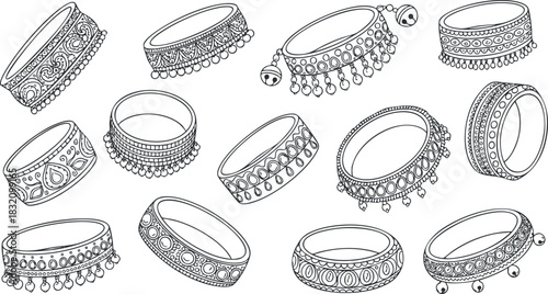 A collection of various traditional bangles and bracelets in detailed outline vector style, perfect for fashion design and jewelry branding