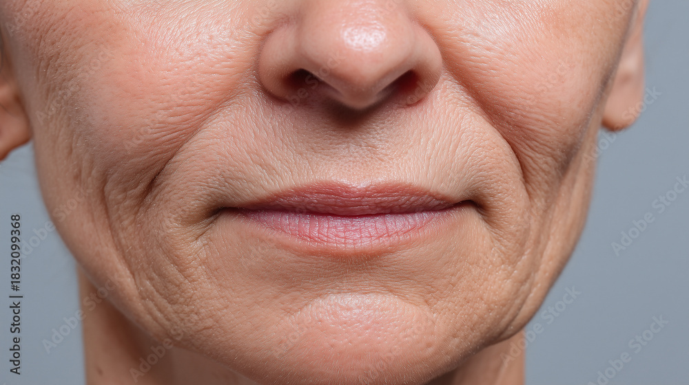 Obraz premium Mature woman face close up showing nasolabial area with fine wrinkles, skin texture, and natural aging signs, highlighting realistic facial features and healthy complexion