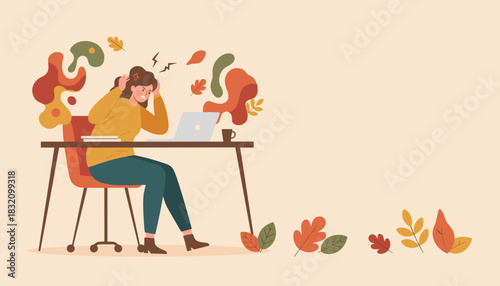 Frustrated woman stressed at desk during autumn dealing with burnout or seasonal affective disorder