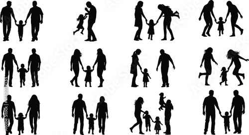 Family silhouettes with children, parenting moments, walking, playing, lifting kids, bonding activities, black icons, love and care, flat vector