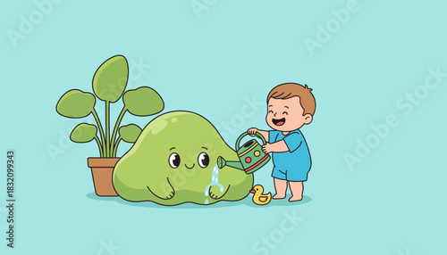 Cheerful toddler watering a cute green monster and houseplant Kids and gardening concept