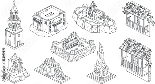 A collection of architectural landmarks and historical buildings in outline vector style, suitable for design projects and educational materials