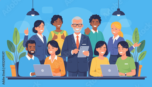 Diverse successful business team collaborating happily in a modern office environment