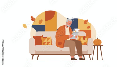 Senior man uses tablet on couch in cozy home setting enjoying autumn relaxation