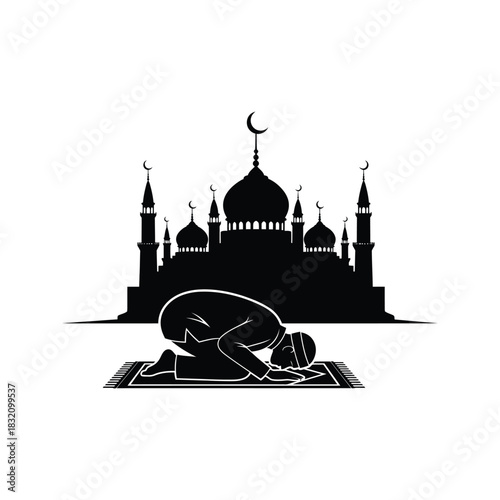 Silhouette of a muslim man praying on a rug in front of a grand mosque with domes and minarets