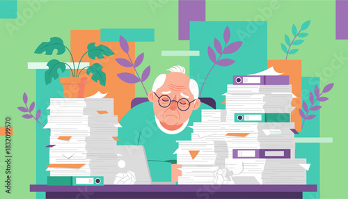 Elderly man stressed by extreme bureaucracy and paperwork overload at his desk