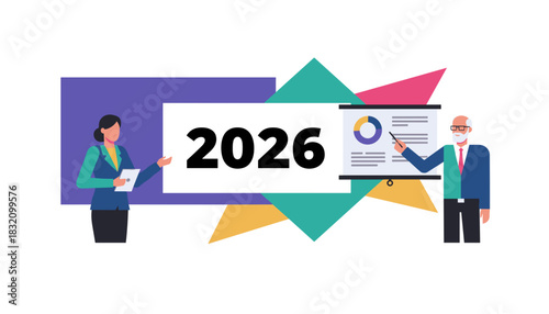 Business professionals planning 2026 strategy with data charts and graphs