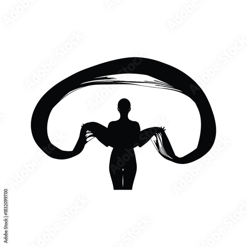 Silhouette of a person holding a flowing black fabric against a white background