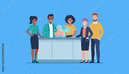 Happy diverse colleagues share innovative ideas at the office counter