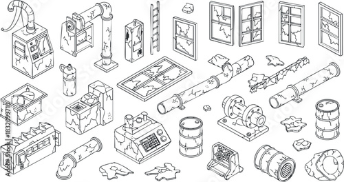 A collection of industrial machines, broken windows, and pipes in outline vector style, ideal for technical design and engineering projects
