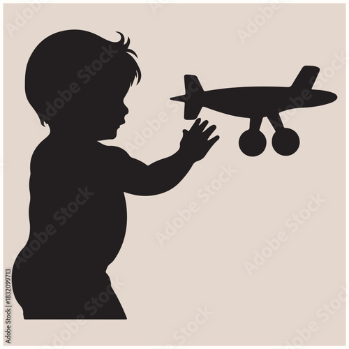 Cute Child Playing with Toy Airplane Silhouette, Playing