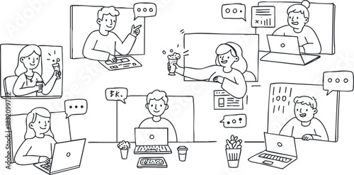 A collection of people collaborating via video calls in a minimalist line art style, suitable for illustrating remote work themes