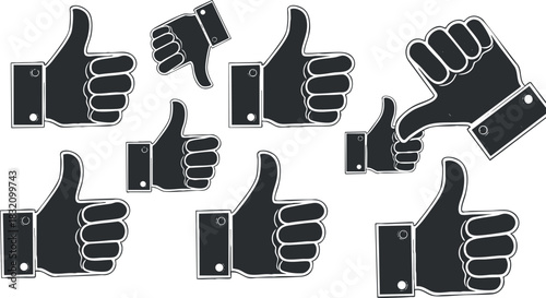 A collection of thumbs up hand gestures in black and white outline vector style, ideal for social media and communication designs