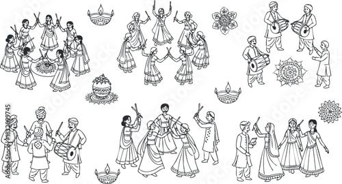 A collection of diverse traditional dancers and musicians in black and white outline vector style, ideal for cultural events and celebrations