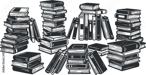 A collection of stacked books in black and white minimalist vector style, ideal for educational and literary projects