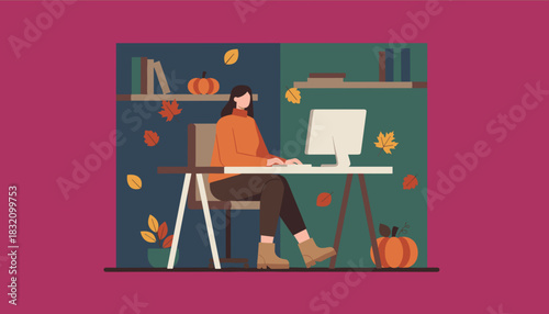 Fall productivity Woman working remotely at a desk decorated for autumn with pumpkins