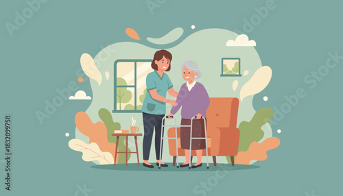 Caring nurse assists smiling senior woman with walker at home Elderly care support service concept