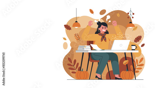Angry woman frustrated with work stress and deadlines at her autumnthemed home office