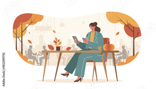 Professional woman working on tablet and phone in a fall cafe Remote work and autumn concepts