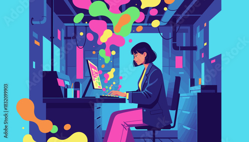 Woman typing on computer surrounded by abstract color shapes symbolizing creative work and digital flow