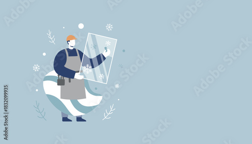 Professional worker installing window glass pane during winter maintenance services Vector illustration