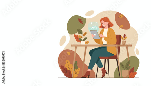 Smiling professional uses tablet showing growth chart remote business success illustration